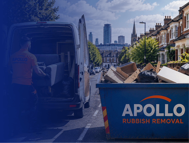 Apollo van and skip being loaded on a residential street