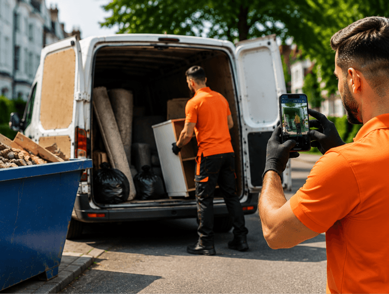 Customer photographing rubbish for a WhatsApp quote while the crew loads a van