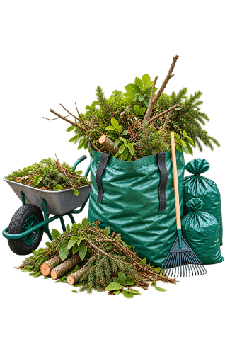 Garden waste bags, branches and a wheelbarrow