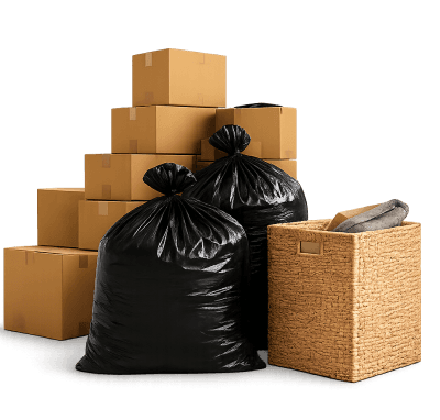 Bags, boxes and household clutter ready for collection