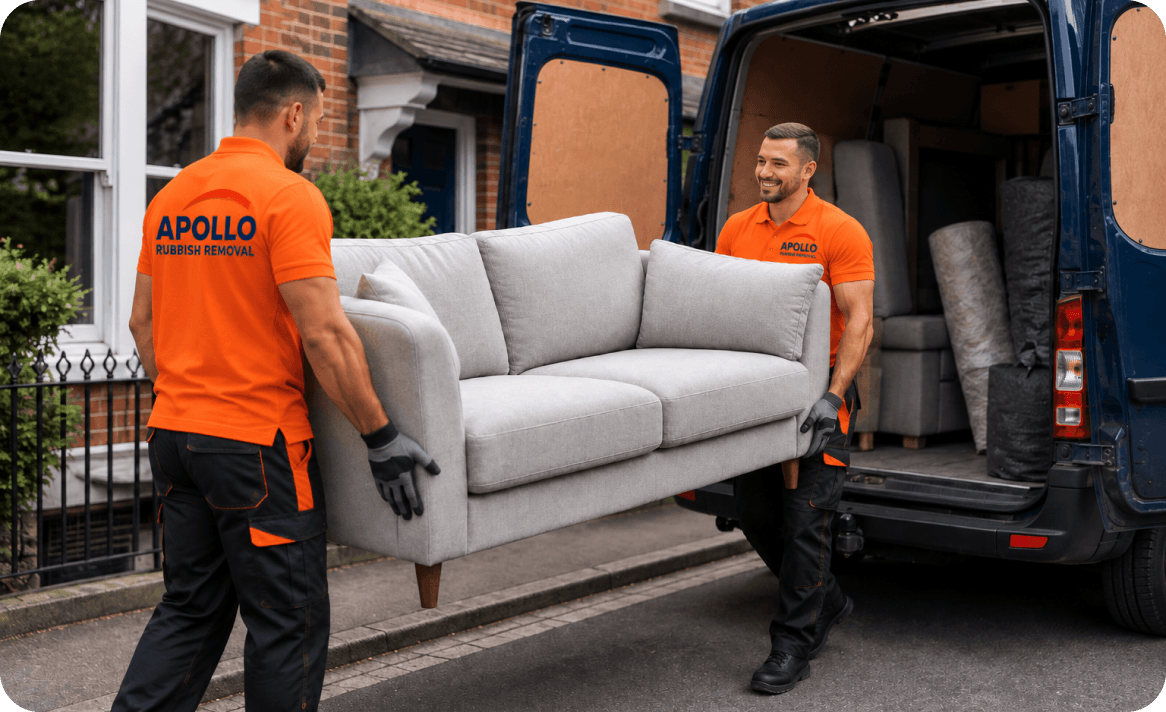 Apollo crew carrying a sofa into the collection van